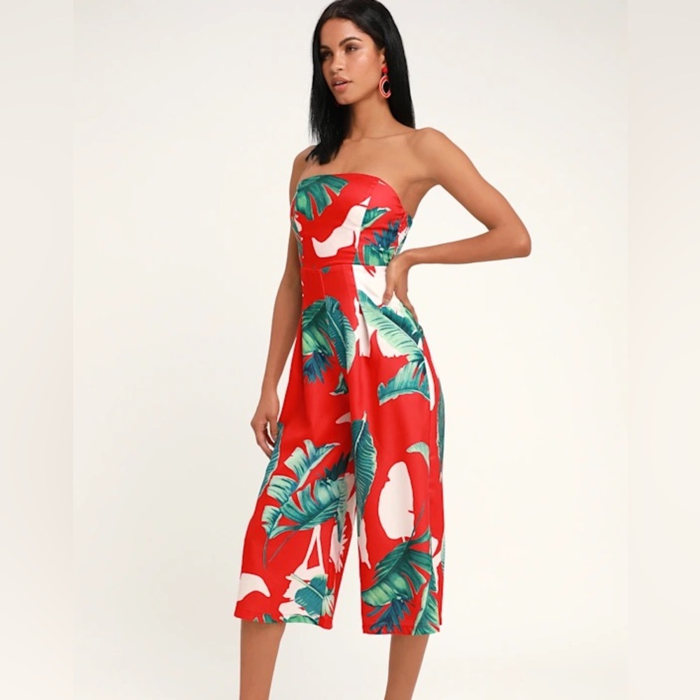 Lulu's Strapless Red and Green Jumpsuit